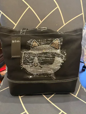 Karl Lagerfeld Black Tote with Rhinestone Cat Motif thumbnail 2