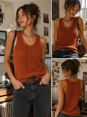 Aerie Rust Orange Crochet Knit Sleeveless Sweater Tank Top Boho Festival Medium thumbnail 2
