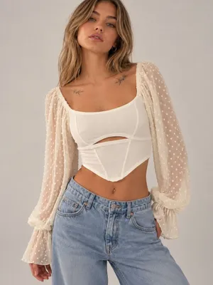 Urban Outfitters Swiss Dot Sleeve Ribbed Cutout Corset Crop Top White Size S thumbnail 1
