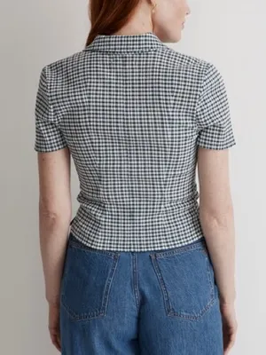 Madewell Mineral Blue Gingham Cropped Button Front Top Medium Stretch Plaid Y2K thumbnail 5