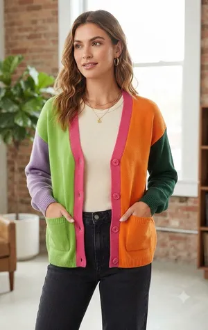 Colorblock Button-Front Cardigan Sweater - Multicolor thumbnail 1