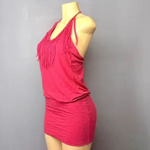 Red Heather Fringe Halter Micro Mini Dress Medium Bodycon thumbnail 3