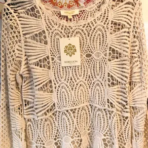 Rebellion NEW Cream Cotton Crochet Long Sleeve Sweater M thumbnail 3