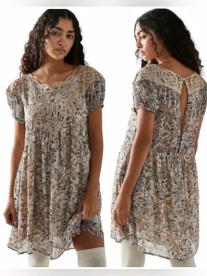 Free People Margot babydoll mini dress, bohemian printed crochet detail sz M thumbnail 2