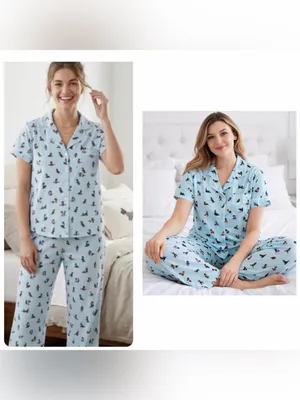 Kate Spade Large Scottie Dog Pajama Set Blue Short Sleeve Lounge Sleepwear NWT thumbnail 2