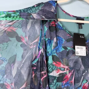 Ulla Popken Size-20/22-Tropical Cape Floral Pleated Chiffon Dress‎ Teal thumbnail 13