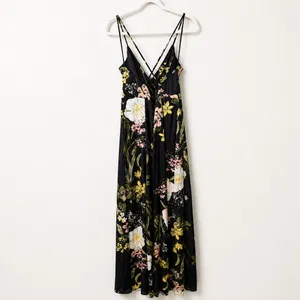 NEW Lulus Black Floral Satin Surplice V-Neck Strappy Back Maxi Dress, Large thumbnail 5