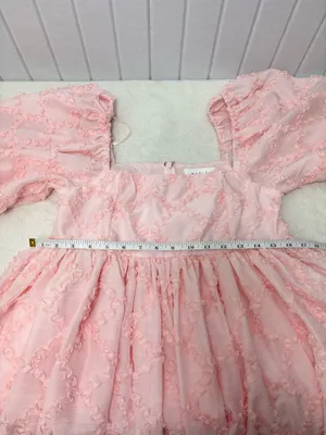 Mable Ribbon Textured Puff Sleeve Babydoll Mini Dress In Baby Pink‎ Size M thumbnail 10