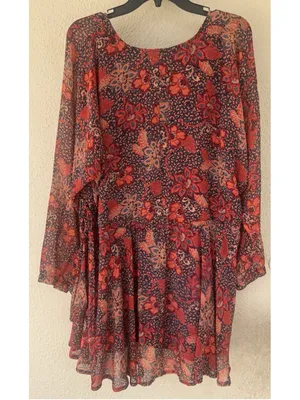 Free People Teegan Mini Dress M Peach Combo Floral V Neck Boho Western Festival thumbnail 4