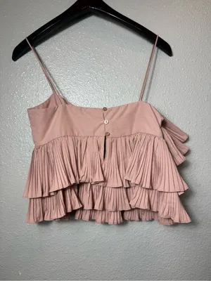 Zara XS Blush Pink Pleated Layered Ruffle‎ Asymmetrical Cami Crop romantic Top thumbnail 6