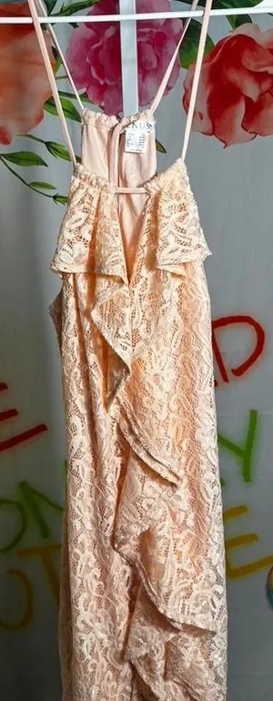 X276. Venus - peach lace mini dress with ruffles and tie back detail thumbnail 1