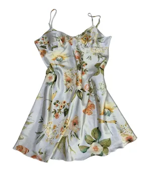 Floral Butterfly Dragonfly Satin Slip Dress White‎ Yellow Medium Summer Mini thumbnail 1