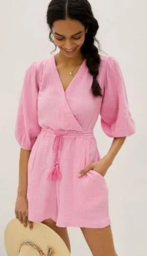 Anthropologie Celia Gauzy Cotton Pink Romper Size S Bohemian Beach Coastal thumbnail 1