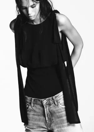 Zara NWT bow sleeve georgette black bodysuit thumbnail 1