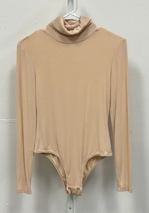 REORIA Women's Ribbed Turtleneck Long Sleeve Bodysuit Beige Size‎ Small 586 thumbnail 1