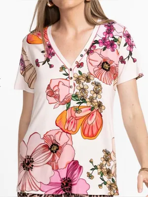 Johnny Was JANIE FAVORITE SHORT SLEEVE HENLEY TEE thumbnail 1