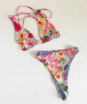 9.0 Swim Womens Floral Tropical Resortwear High Cut Triangle Bikini Set Size‎ 8 thumbnail 1