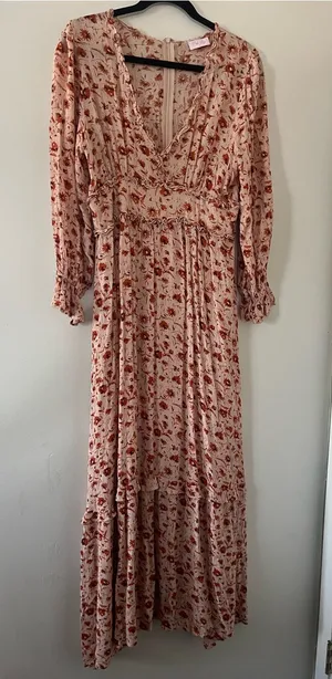 Orange Floral Long Sleeve Maxi Dress Large Cottagecore Prairie Romantic thumbnail 1