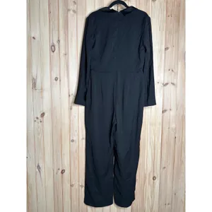 NWT Lulus Impressive Presence Black Collared Straight Leg Jumpsuit Classy Sz L thumbnail 7