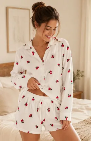 Lizette Collection Cherry Sleepwear Set Long Sleeve w/ Matching Shorts Sz Large thumbnail 1