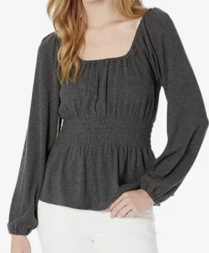 Sweater Plush Square-Neck Smocked Top Long Sleeve Dark Gray M thumbnail 1