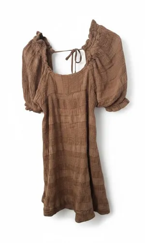 Free People Brown Textured Puff‑Sleeve Dress – Tie‑Back – Size S thumbnail 1