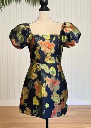 LULUS So Stunning Metallic Jacquard Puff Sleeve Mini Dress – Size M thumbnail 1