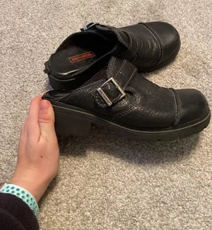 Harley Davidson Black Leather‎ Chunky Buckle Mules Clogs Stock 83041 Womens 6 thumbnail 1