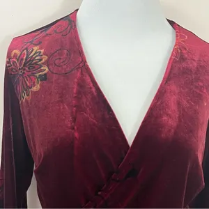 Clio Vintage Y2K Burgundy Velvet Floral Faux Wrap Top L thumbnail 5