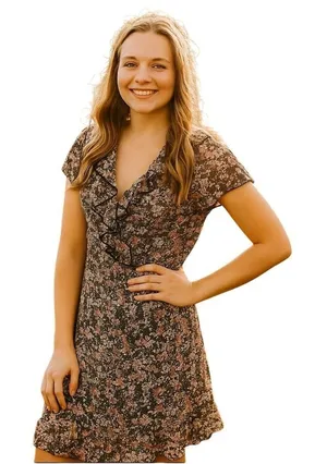 JBS Women Brown Pink Floral Ruffle V-Neck Sheer Mini Dress Size 10 NWT thumbnail 1