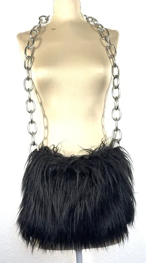 Widow Dolls Kill Black Shaggy Faux Fur Chain Shoulder Crossbody Bag Goth Y2K Emo thumbnail 1