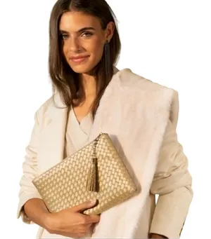 NWT Virginia Wolf Woven Tassel Clutch Champagne Gold Metallic Vegan Leather OS thumbnail 1