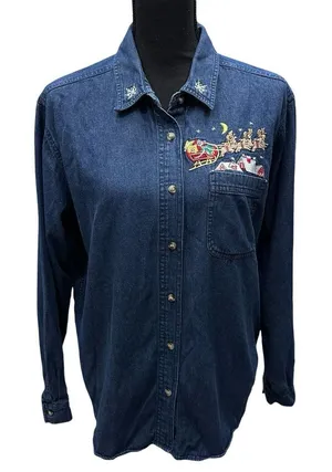 VTG Cabin Creek Long Sleeve Button‎ Up Blue Denim Jeans Shirt Womens Size Large thumbnail 1