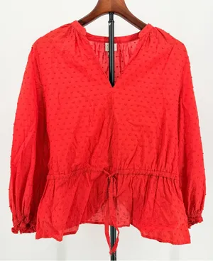 100% cotton Blouse flare milkmaid peasant whimsy v-neck textured women Large thumbnail 1