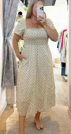 O.P.T Square Neck Short Puff Sleeve Floral Cotton Lined Midi Dress Cream Large thumbnail 1