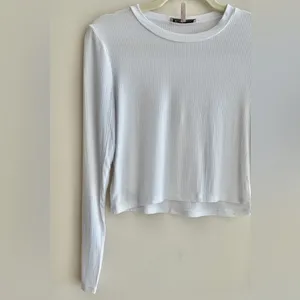 BCBGeneration Cropped Long Sleeve Ribbed Tee, White, Size Medium thumbnail 2