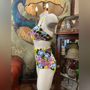 Vintage Retro High Waisted Bikini Set Floral Yellow Purple Rose Tropical Pinup L thumbnail 6