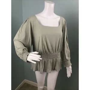 NWT Women's Ann Taylor Smocked Square Neck Puff Sleeve Blouse Top Sage Sz Large thumbnail 5