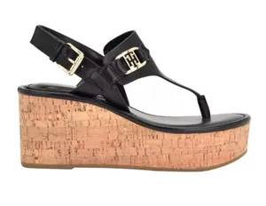 Tommy Hilfiger Black Leather Cork Wedge Thong Sandals with Gold Logo thumbnail 1