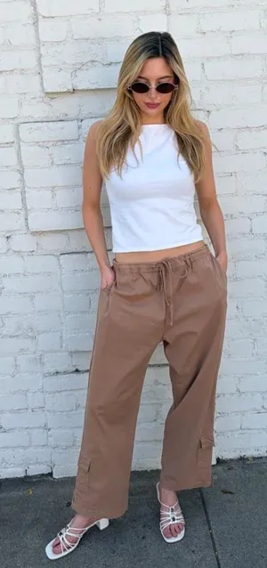 Vtg Tan wide leg capri cargo pant drawstring waist sz XL #y2k #outdoors #retro #utility thumbnail 1