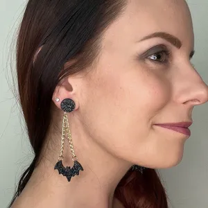 Halloween Spooky Black Acrylic Bat‎ Dangle Gold Chain Earrings thumbnail 1