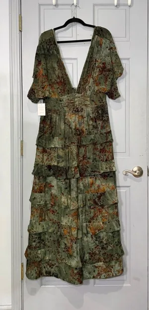 Petal & Pup Wendi Ruffle Olive Green Floral Ruffle Maxi Dress thumbnail 1