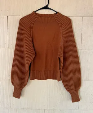 Maeve Mock-Neck Raglan Ribbed Sleeve Pullover Sweater | Rust | Size Small thumbnail 1