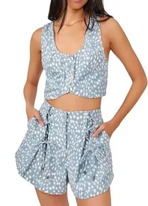 Free People‎ Bennett Blue White Spotted Lace Up High Waisted Cotton Shorts thumbnail 1