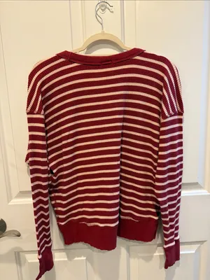 Striped Scoop Neck Sweater in Burgundy and Cream thumbnail 4