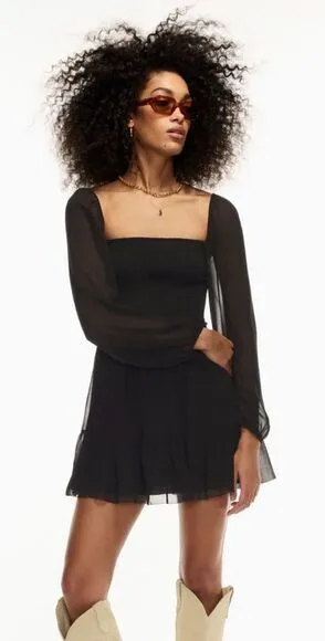 Aritzia Wilfred Women’s S Temptest Smocked Chiffon Mini Dress‎ Black Whimsigoth thumbnail 1