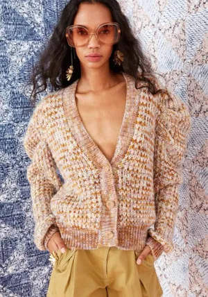 Jacquie The Label V Neck Puff Sleeve Fiora Cardigan Knit Sweater Small Tan Fawn thumbnail 1