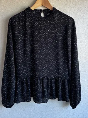 LOFT Black & White Dot Peplum Long-Sleeve Blouse thumbnail 1