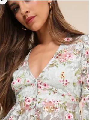 Lulu's Mint Floral Lace Peplum mesh Blouse with Pink Accents thumbnail 2