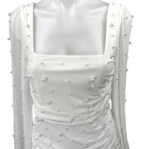 Lulus Admirably Divine White Mesh Pearl Beaded Long Sleeve Mini Bodycon Dress S thumbnail 4